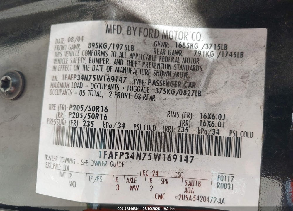 2005 FORD FOCUS ZX4 VIN: 1FAFP34N75W169147