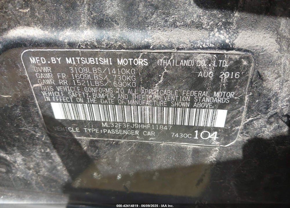 2017 MITSUBISHI MIRAGE G4 VIN: ML32F3FJ9HHF11847