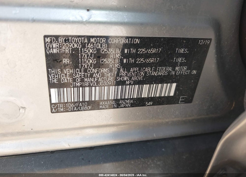 2020 TOYOTA RAV4 VIN: JTMP1RFV0LJ030911