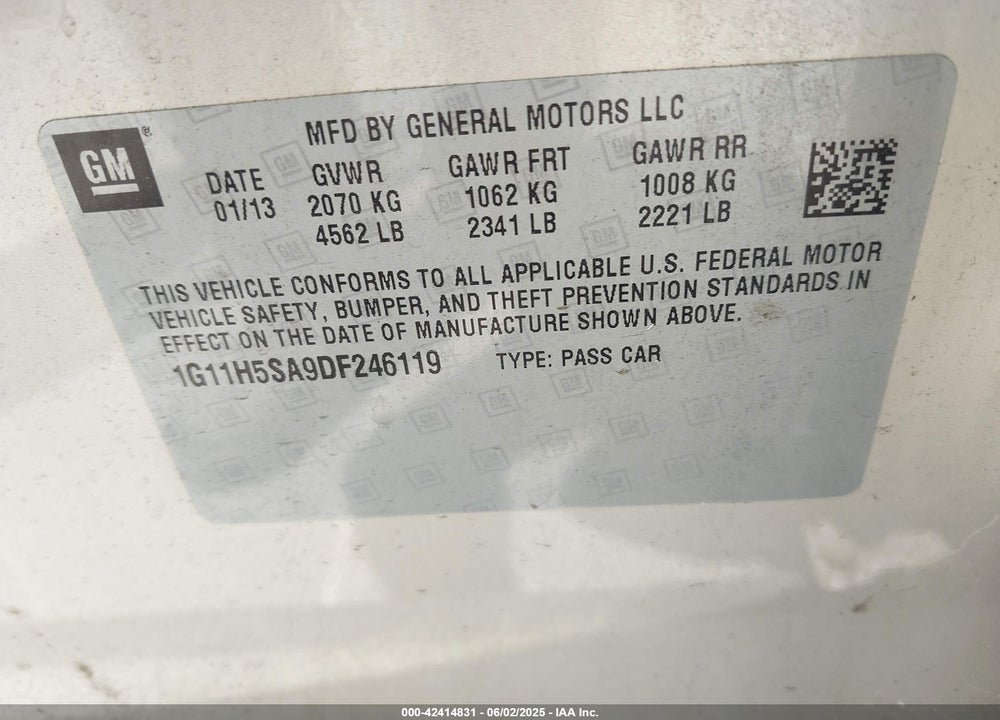 2013 CHEVROLET MALIBU 1LZ VIN: 1G11H5SA9DF246119