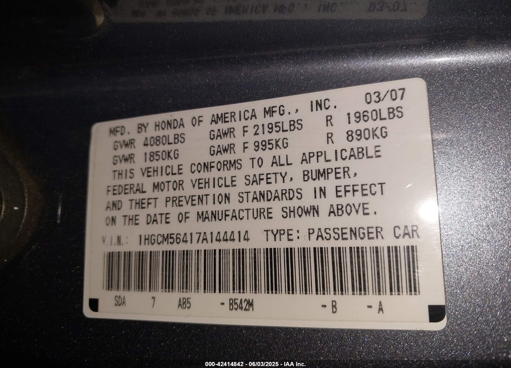 2007 HONDA ACCORD VIN: 1HGCM56417A144414