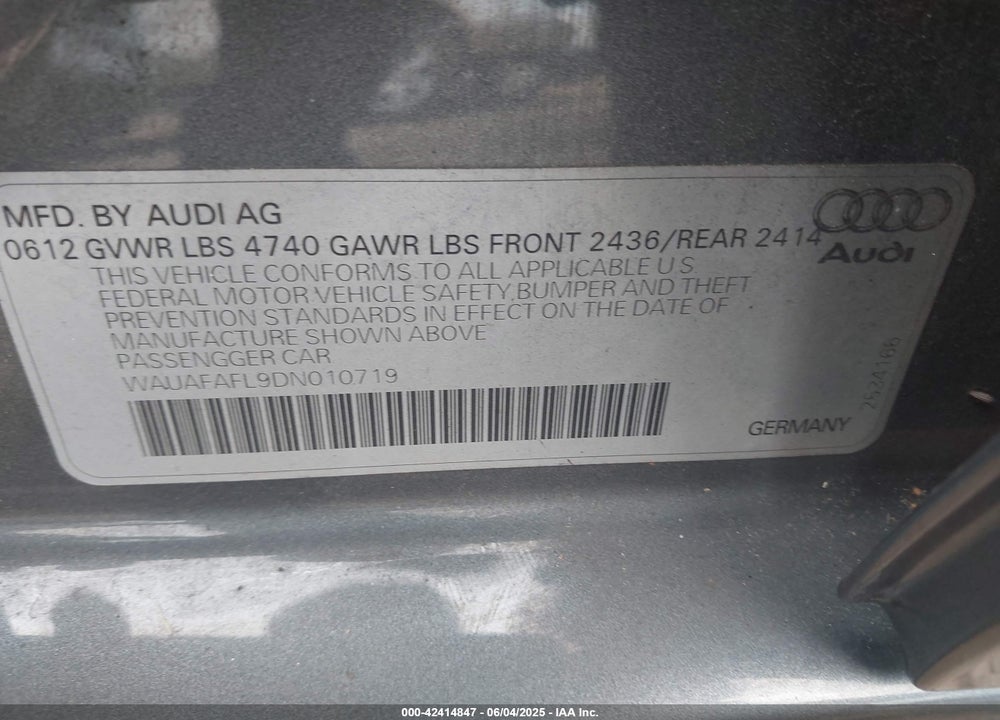 2013 AUDI A4 2.0T PREMIUM VIN: WAUAFAFL9DN010719