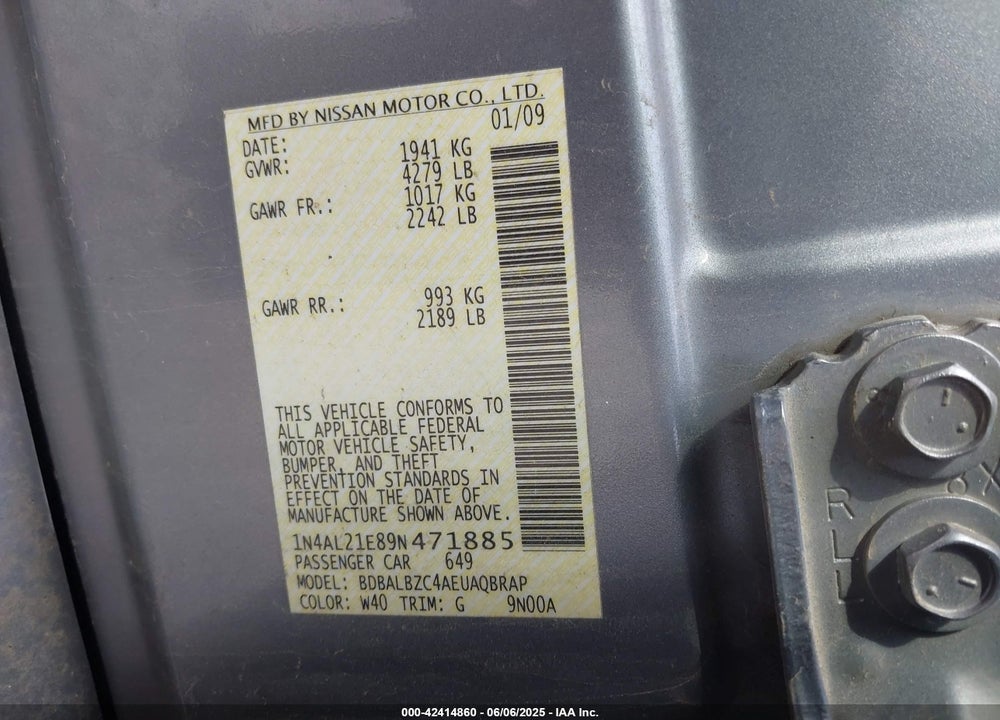 2009 NISSAN ALTIMA 2.5 SL VIN: 1N4AL21E89N471885