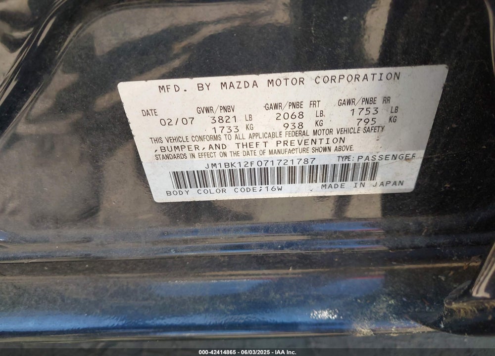 2007 MAZDA 3 VIN: JM1BK12F071721787