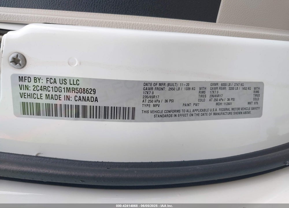 2021 CHRYSLER VOYAGER LXI VIN: 2C4RC1DG1MR508629