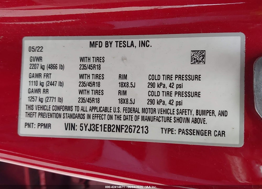 2022 TESLA MODEL 3 VIN: 5YJ3E1EB2NF267213