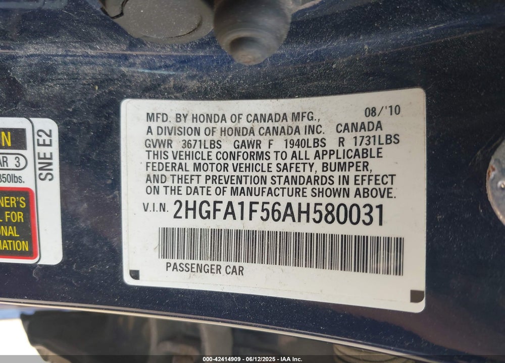 2010 HONDA CIVIC VIN: 2HGFA1F56AH580031