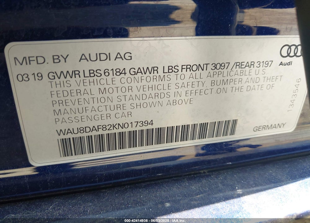 2019 AUDI A8 L VIN: WAU8DAF82KN017394