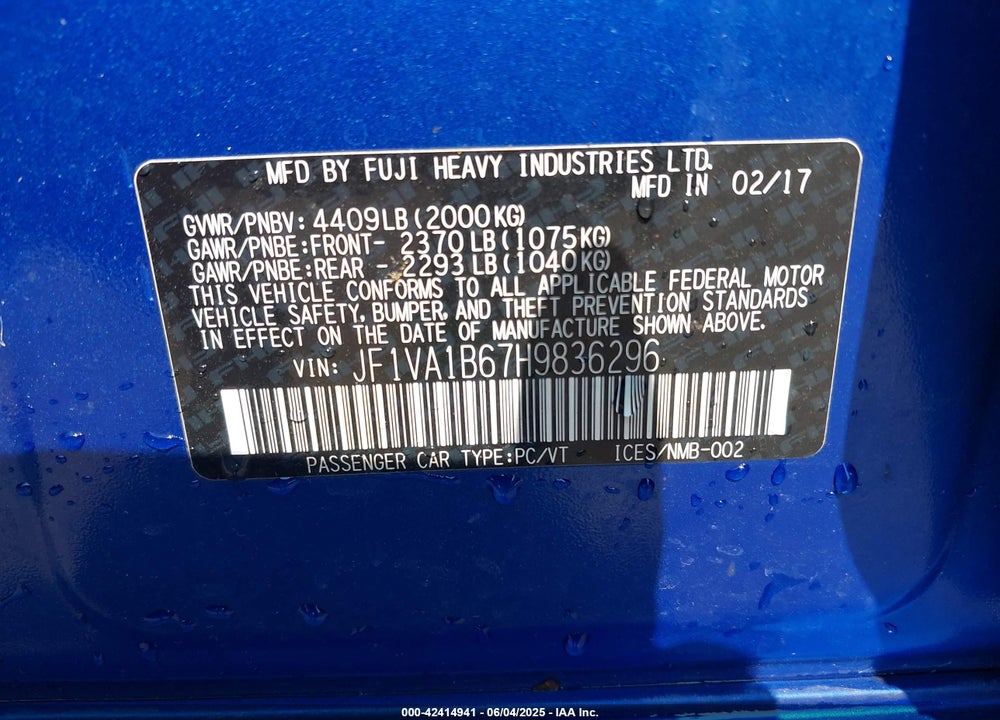 2017 SUBARU WRX VIN: JF1VA1B67H9836296