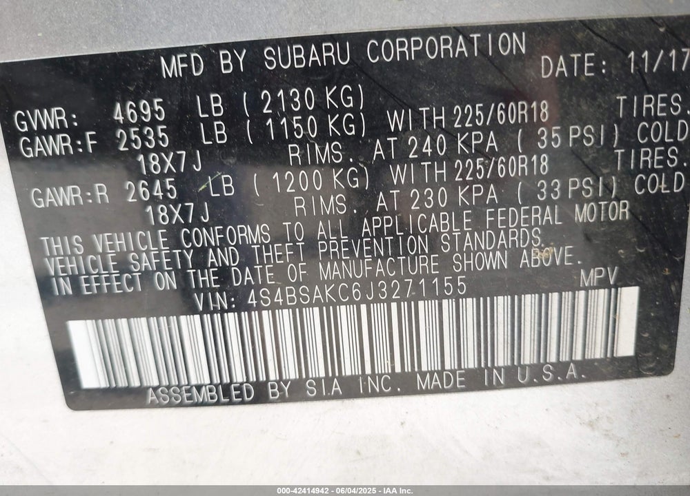 2018 SUBARU OUTBACK 2.5I LIMITED VIN: 4S4BSAKC6J3271155