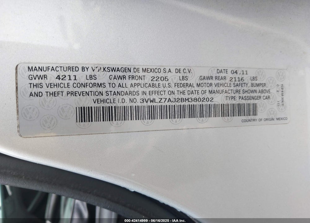 2011 VOLKSWAGEN JETTA VIN: 3VWLZ7AJ2BM380202