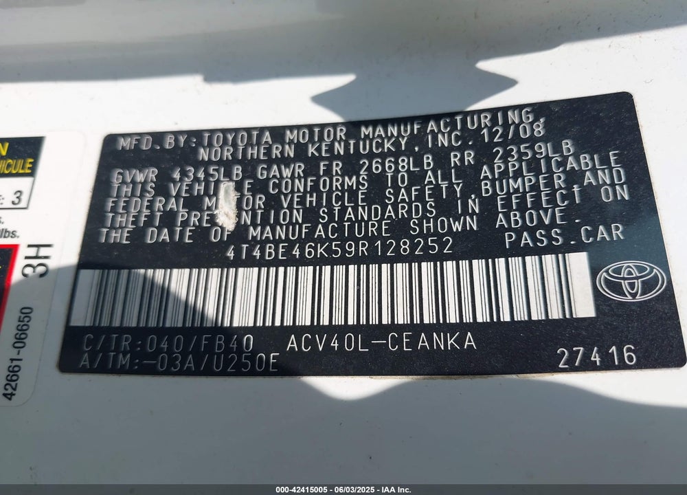 2009 TOYOTA CAMRY LE VIN: 4T4BE46K59R128252