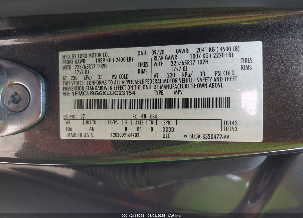 2020 FORD ESCAPE SE VIN: 1FMCU9G6XLUC23154