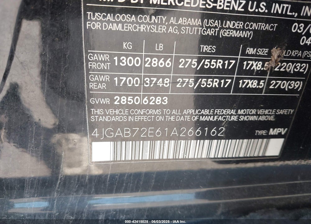 2001 MERCEDES-BENZ ML 430 VIN: 4JGAB72E61A266162