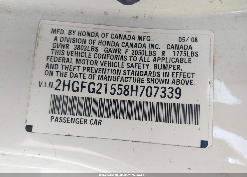 2008 HONDA CIVIC VIN: 2HGFG21558H707339