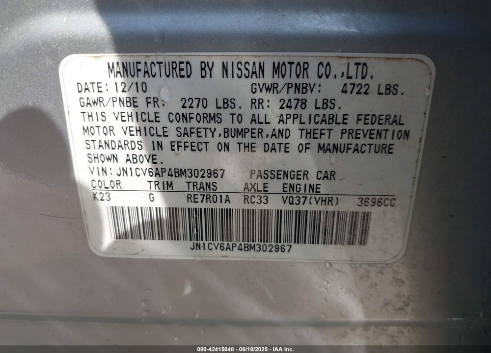 2011 INFINITI G37 VIN: JN1CV6AP4BM302967