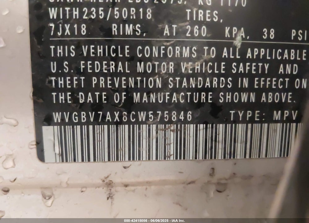 2012 VOLKSWAGEN TIGUAN SE VIN: WVGBV7AX8CW575846