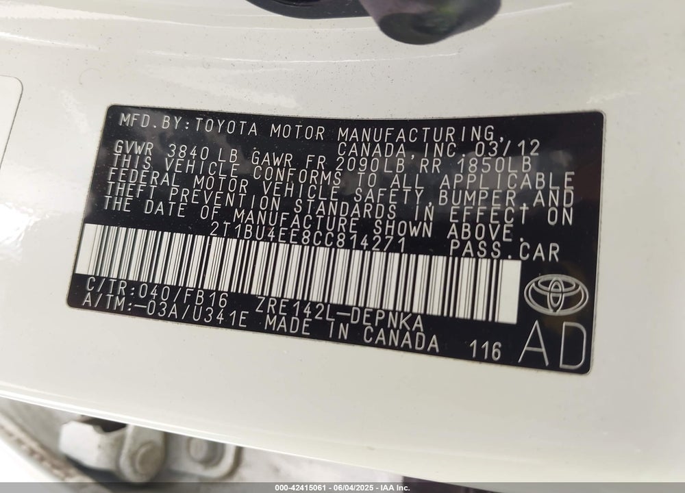 2012 TOYOTA COROLLA S/LE VIN: 2T1BU4EE8CC814271