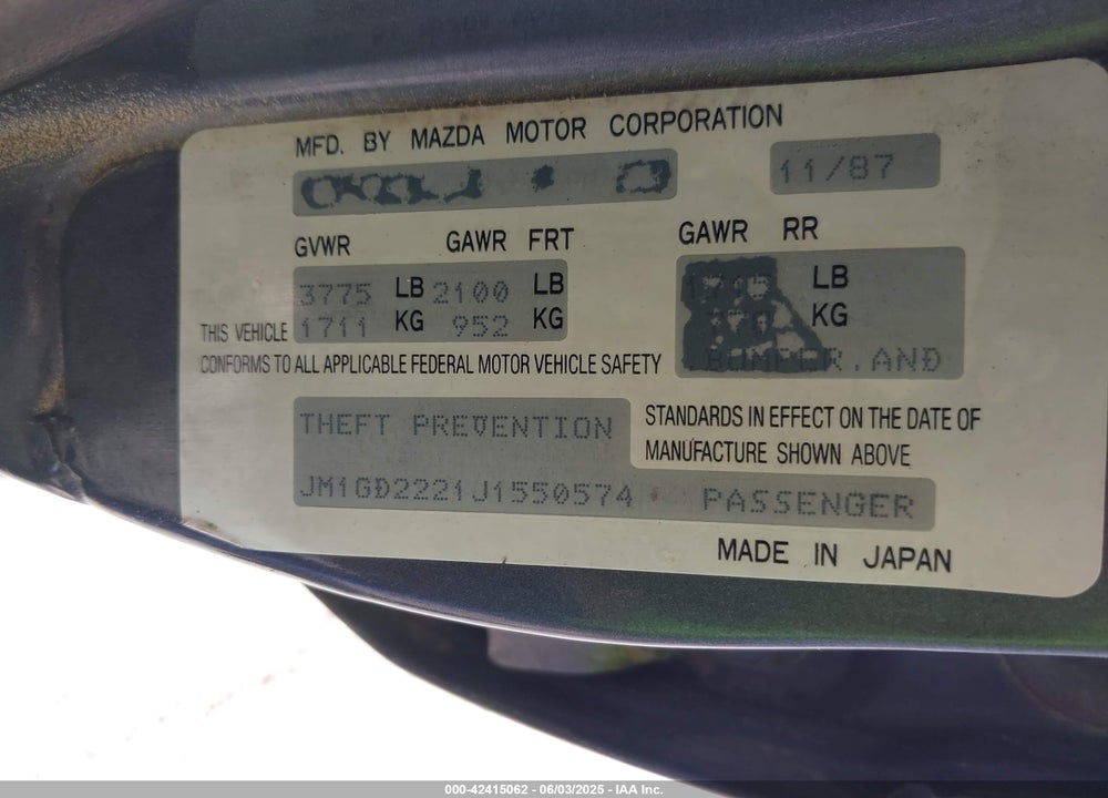 1988 MAZDA 626 VIN: JM1GD2221J1550574