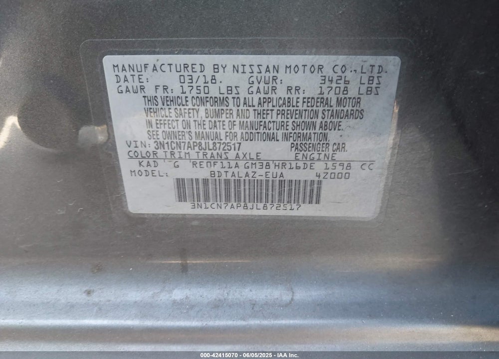 2018 NISSAN VERSA VIN: 3N1CN7AP8JL872517