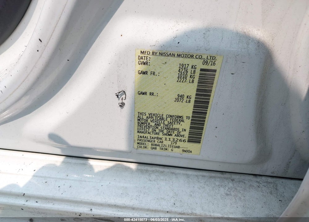 2017 NISSAN ALTIMA VIN: 1N4AL3AP8HC113266