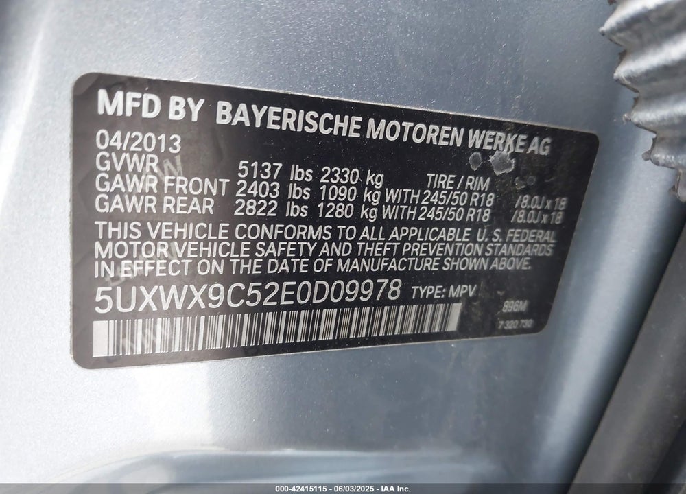 2014 BMW X3 VIN: 5UXWX9C52E0D09978