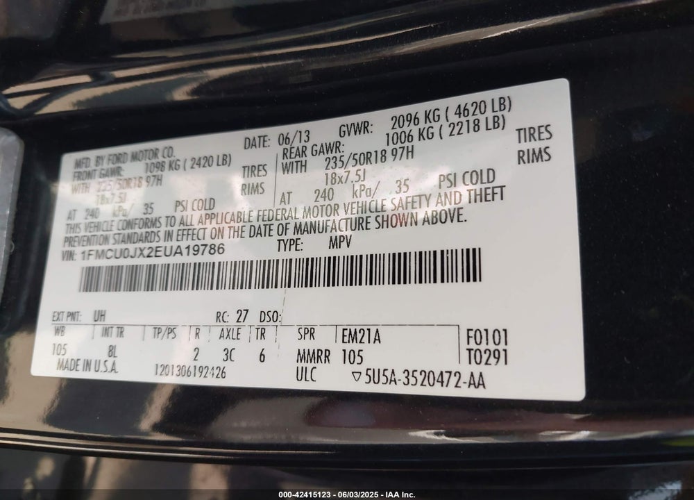 2014 FORD ESCAPE VIN: 1FMCU0JX2EUA19786