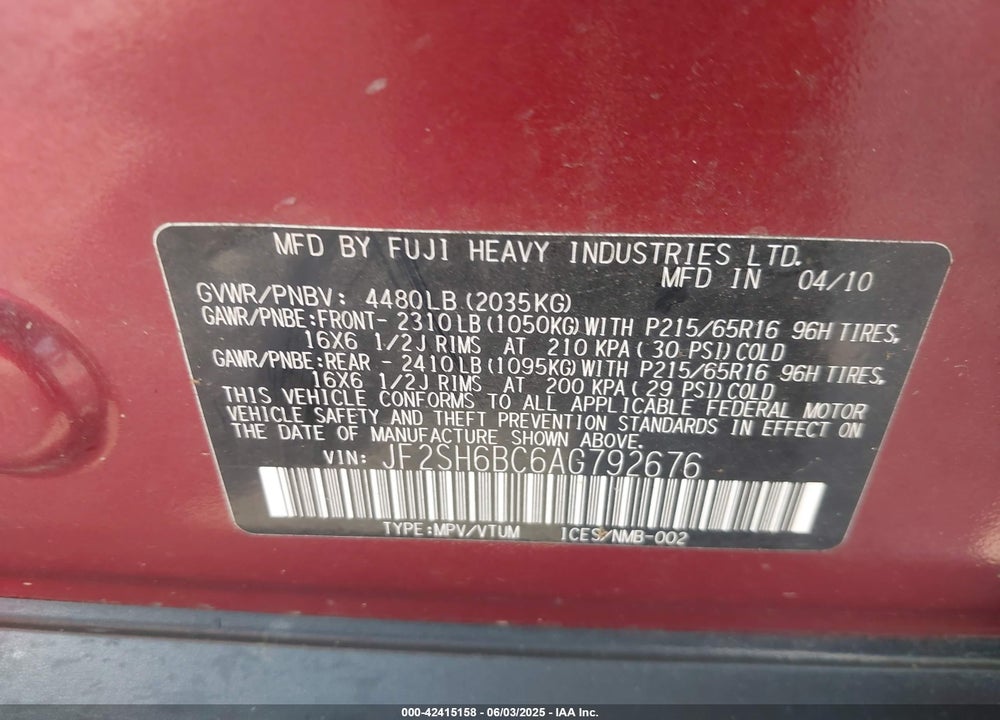 2010 SUBARU FORESTER 2.5X VIN: JF2SH6BC6AG792676