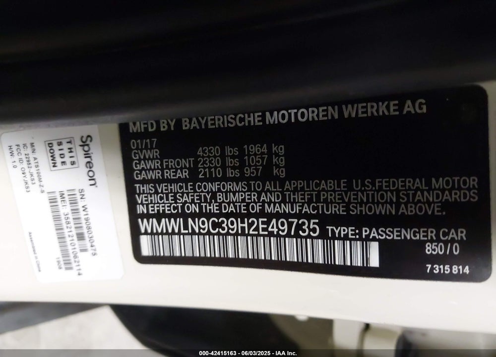 2017 MINI CLUBMAN VIN: WMWLN9C39H2E49735