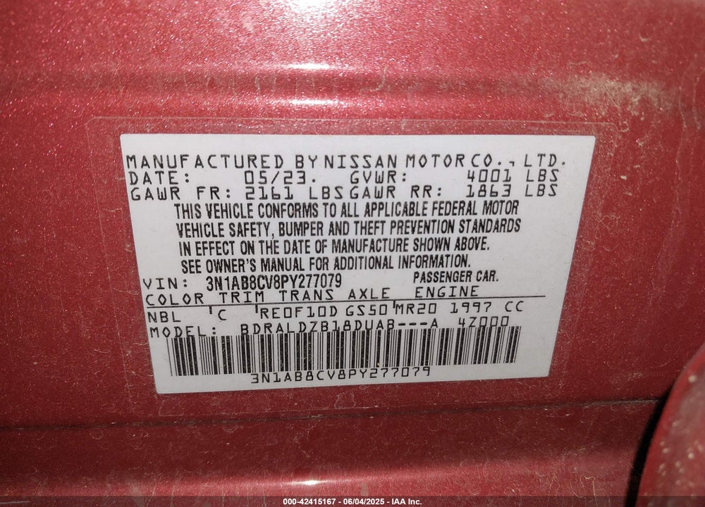 2023 NISSAN SENTRA VIN: 3N1AB8CV8PY277079
