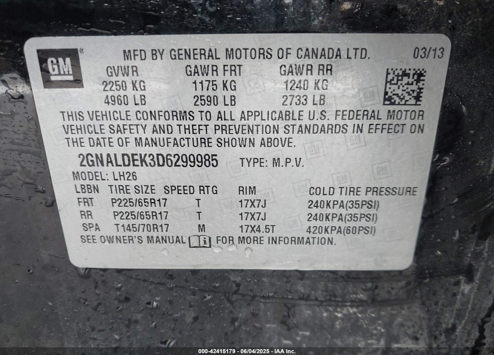 2013 CHEVROLET EQUINOX VIN: 2GNALDEK3D6299985