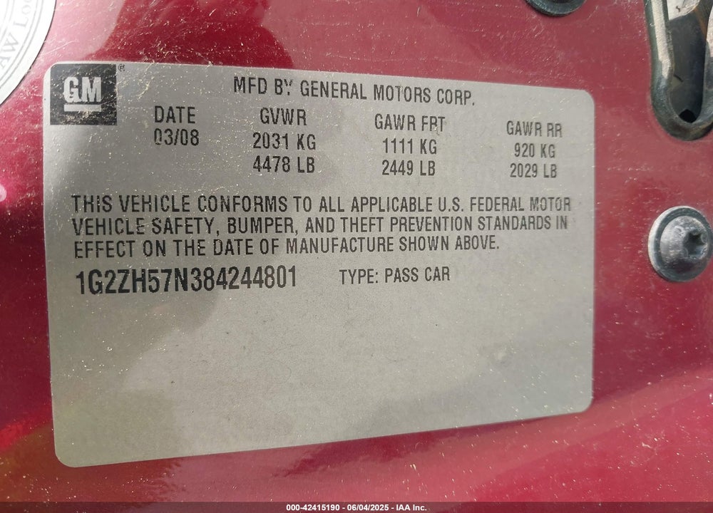 2008 PONTIAC G6 GT VIN: 1G2ZH57N384244801