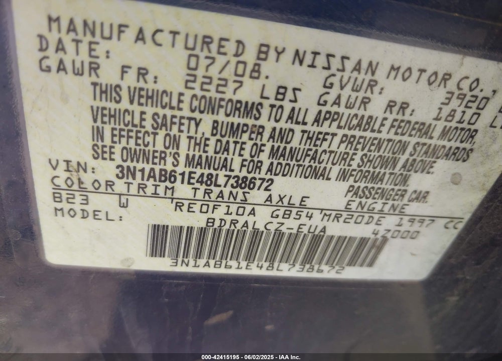 2008 NISSAN SENTRA 2.0 VIN: 3N1AB61E48L738672