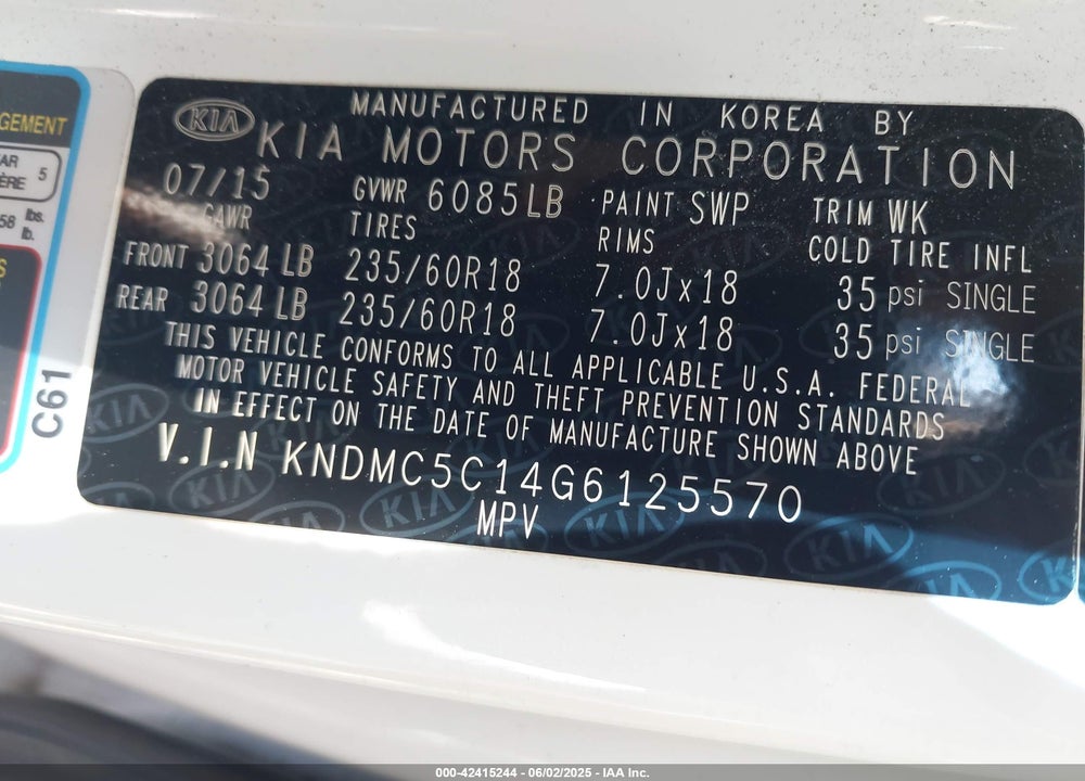 2016 KIA SEDONA SX VIN: KNDMC5C14G6125570