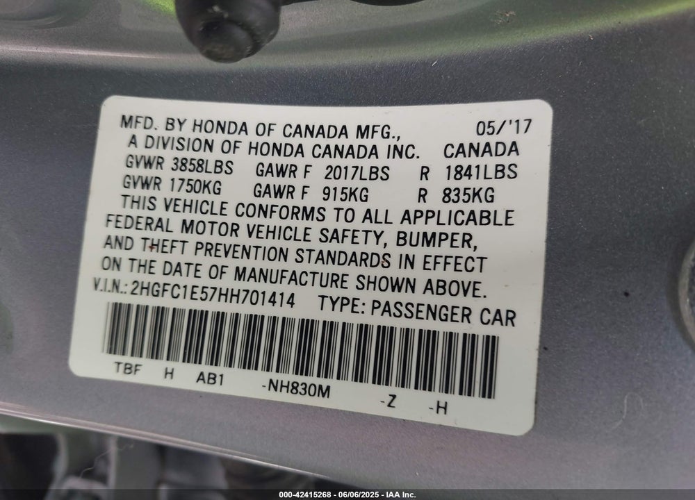 2017 HONDA CIVIC VIN: 2HGFC1E57HH701414