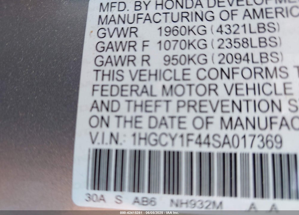 2025 HONDA ACCORD VIN: 1HGCY1F44SA017369