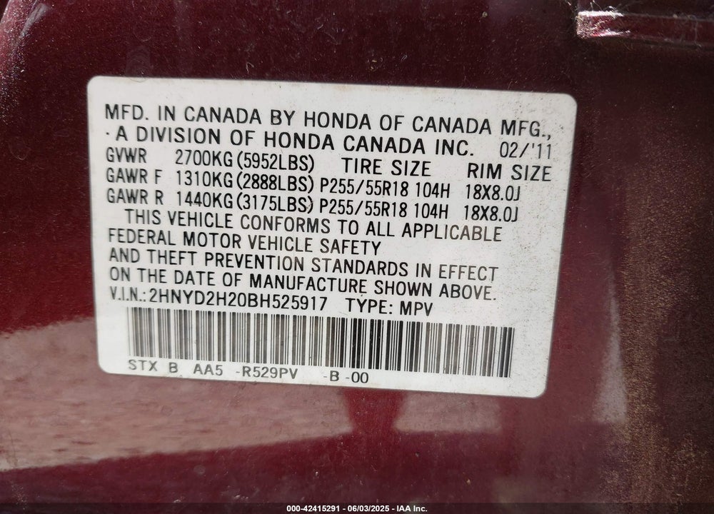2011 ACURA MDX VIN: 2HNYD2H20BH525917