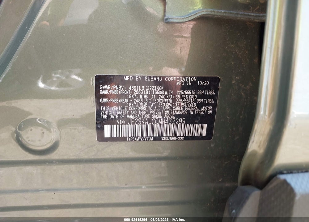 2021 SUBARU FORESTER VIN: JF2SKAUC0MH432299