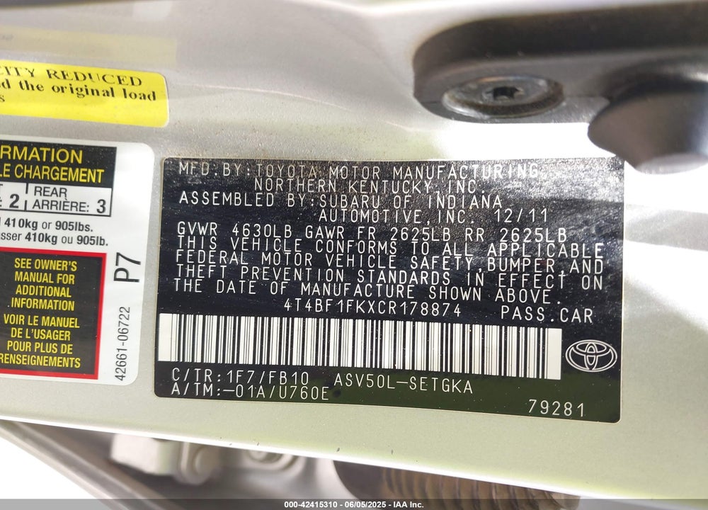 2012 TOYOTA CAMRY VIN: 4T4BF1FKXCR178874