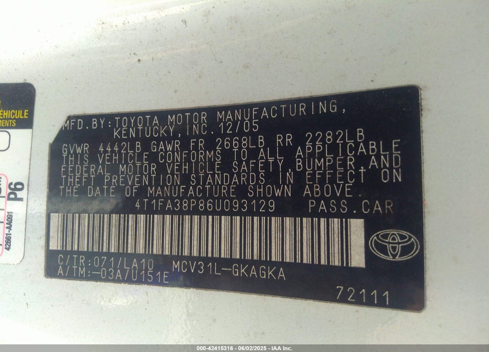 2006 TOYOTA CAMRY SOLARA VIN: 4T1FA38P86U093129