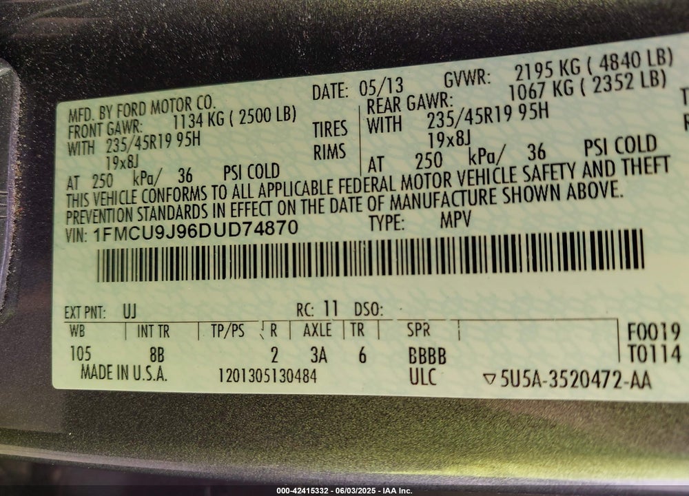 2013 FORD ESCAPE VIN: 1FMCU9J96DUD74870
