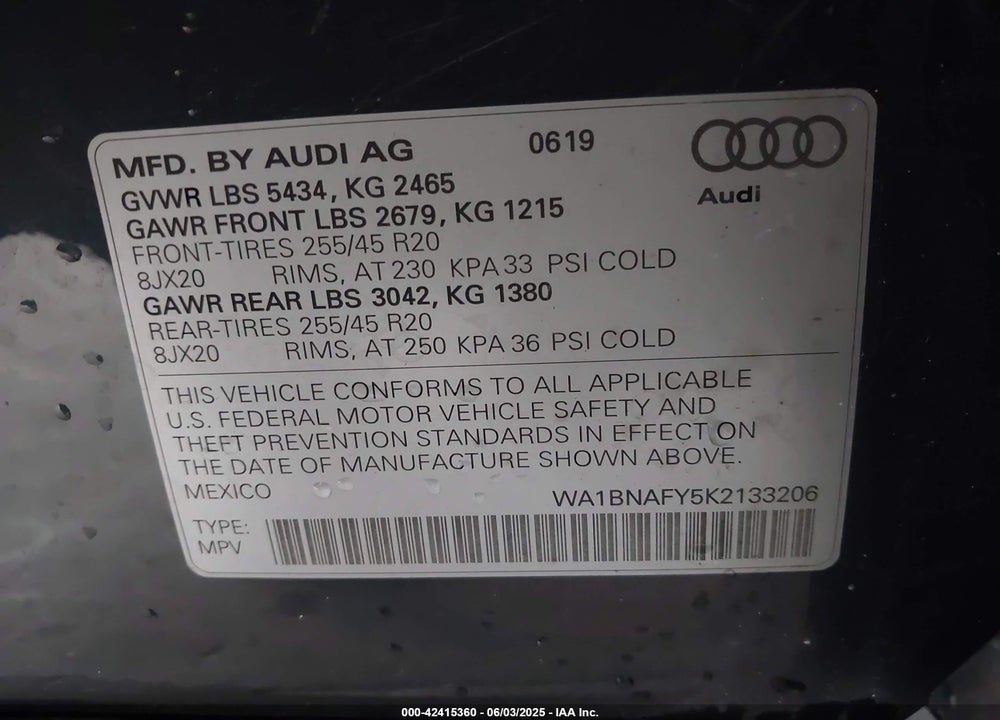 2019 AUDI Q5 45 PREMIUM VIN: WA1BNAFY5K2133206