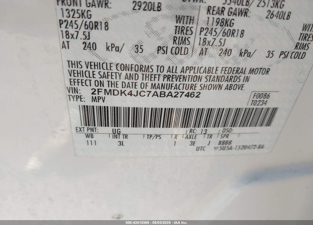 2010 FORD EDGE VIN: 2FMDK4JC7ABA27462