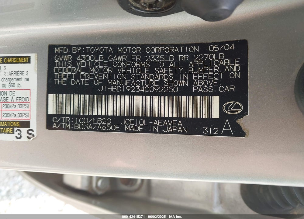 2004 LEXUS IS 300 VIN: JTHBD192340092250
