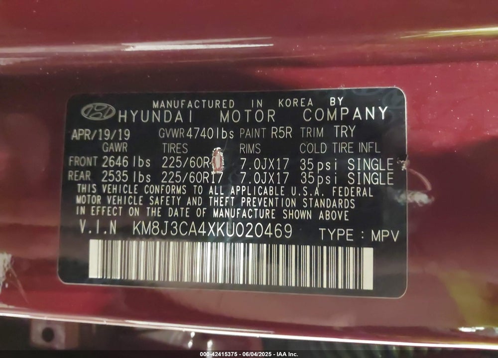 2019 HYUNDAI TUCSON VIN: KM8J3CA4XKU020469