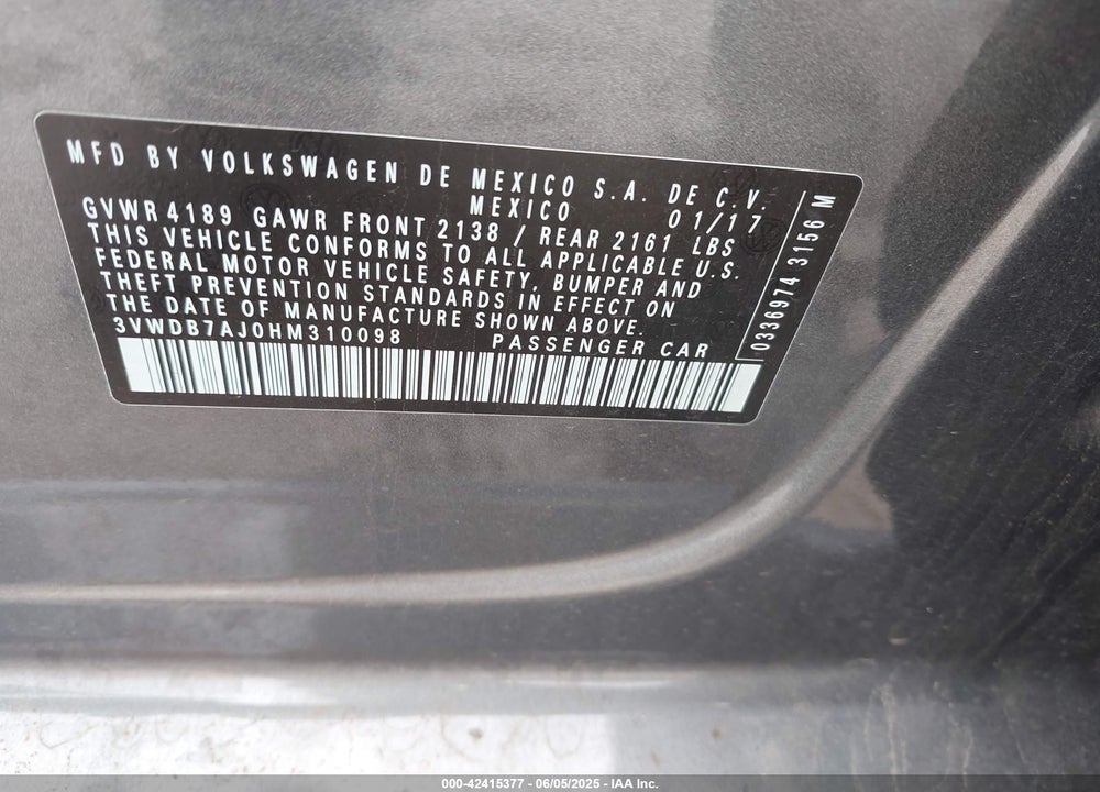 2017 VOLKSWAGEN JETTA VIN: 3VWDB7AJ0HM310098