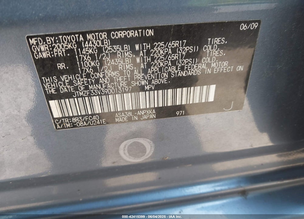 2009 TOYOTA RAV4 VIN: JTMZF33V39D013197