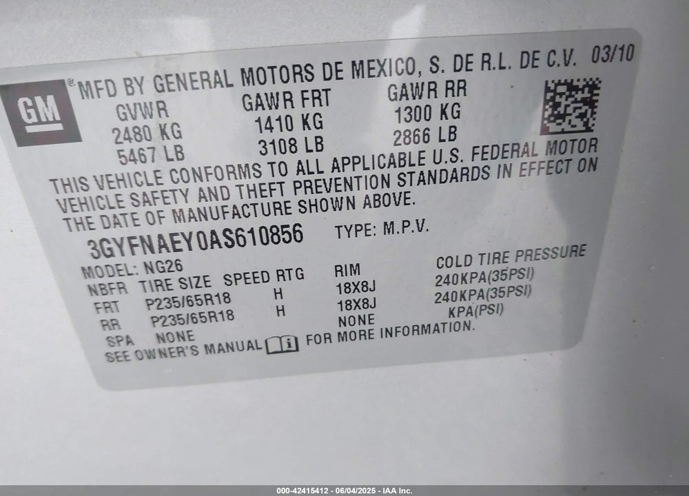 2010 CADILLAC SRX VIN: 3GYFNAEY0AS610856