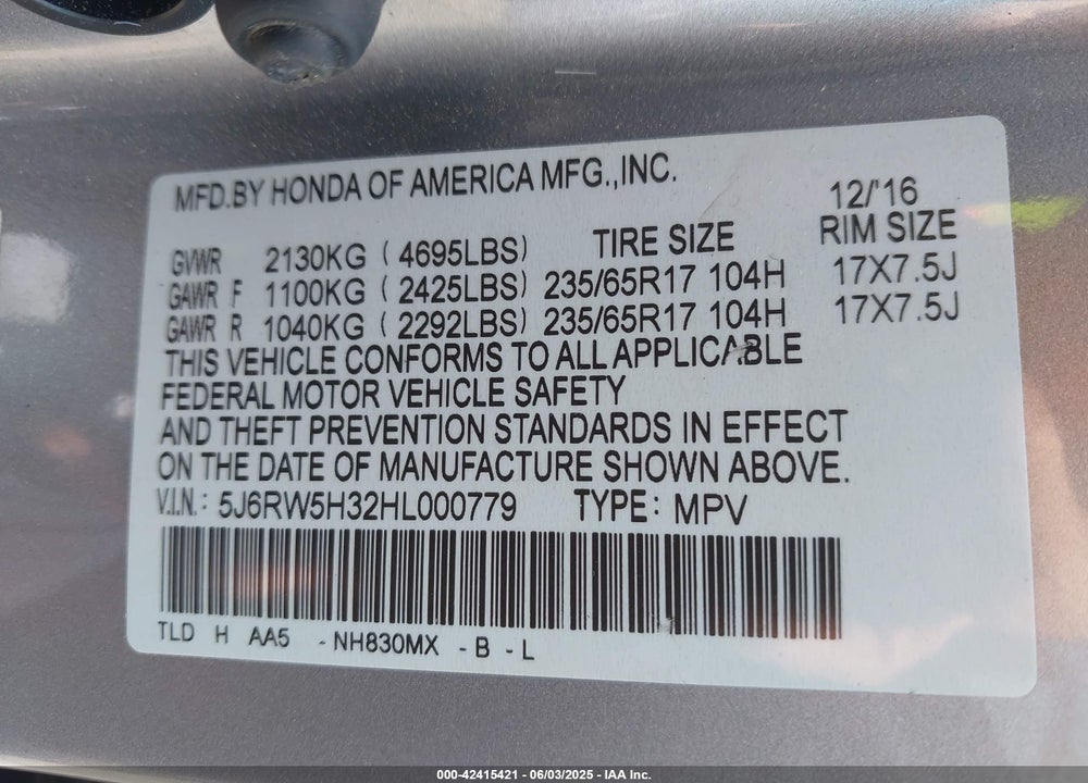 2017 HONDA CR-V LX VIN: 5J6RW5H32HL000779