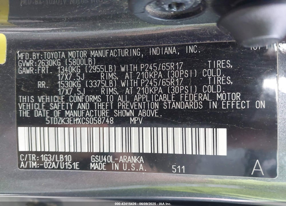 2012 TOYOTA HIGHLANDER VIN: 5TDZK3EHXCS058748